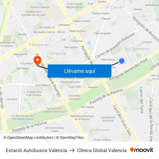 Estació Autobusos València to Clinica Global Valencia map