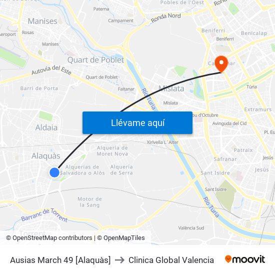 Ausias March 49 [Alaquàs] to Clinica Global Valencia map