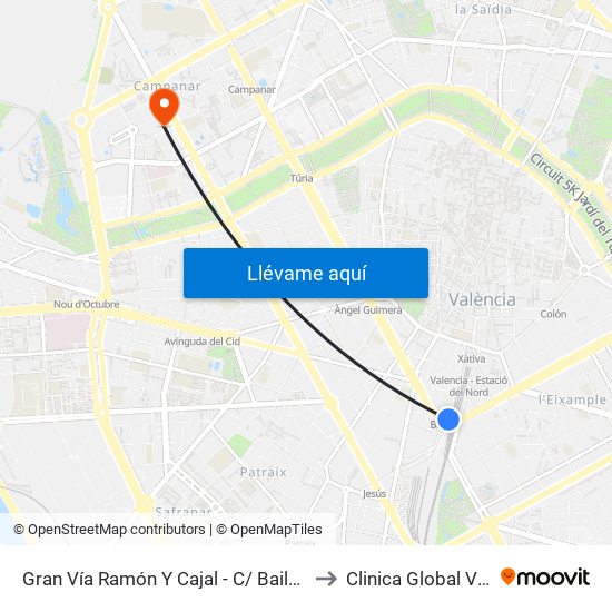 Gran Vía Ramón Y Cajal - C/ Bailén [València] to Clinica Global Valencia map