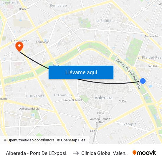 Albereda to Clinica Global Valencia map
