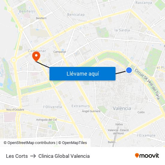Les Corts to Clinica Global Valencia map