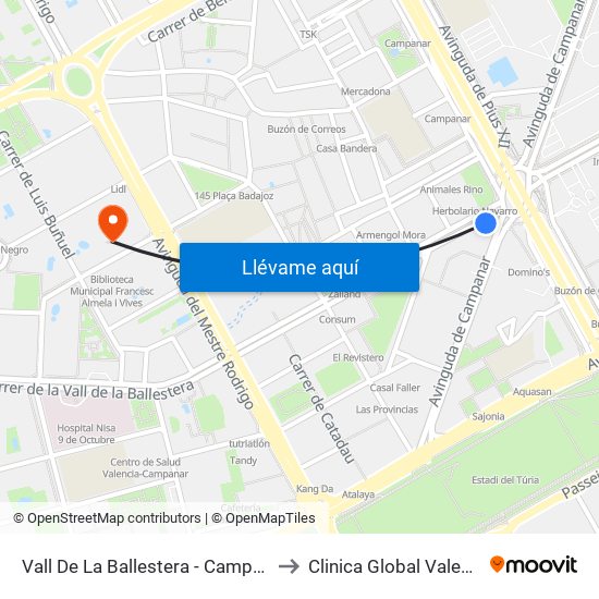 Vall De La Ballestera - Campanar to Clinica Global Valencia map