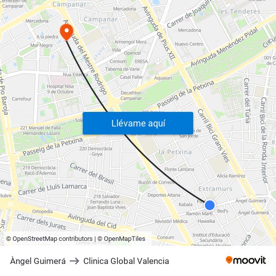 Àngel Guimerá to Clinica Global Valencia map