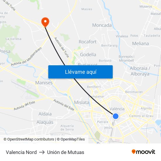 Valencia Nord to Unión de Mutuas map