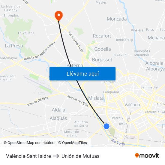 València-Sant Isidre to Unión de Mutuas map