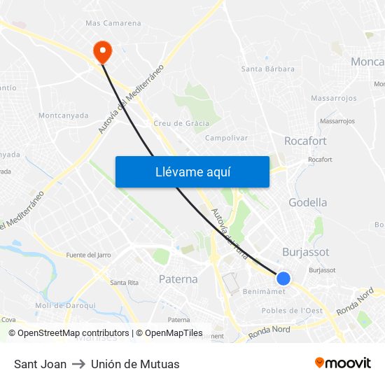 Sant Joan to Unión de Mutuas map