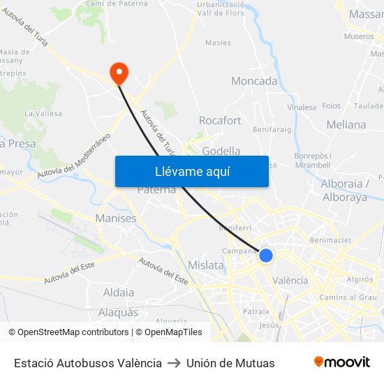Estació Autobusos València to Unión de Mutuas map