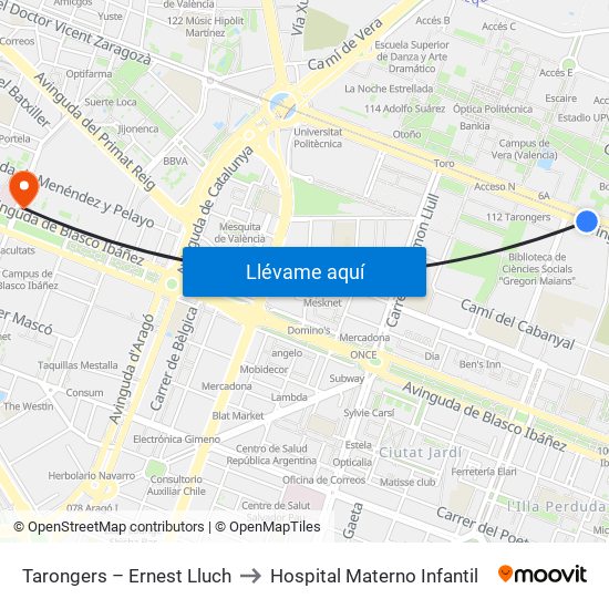 Tarongers – Ernest Lluch to Hospital Materno Infantil map