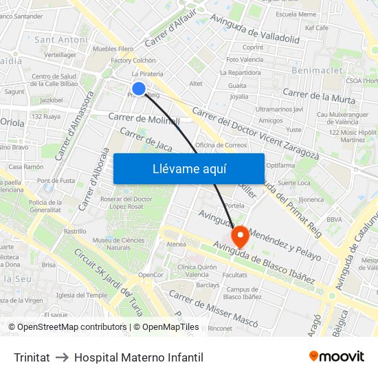 Trinitat to Hospital Materno Infantil map