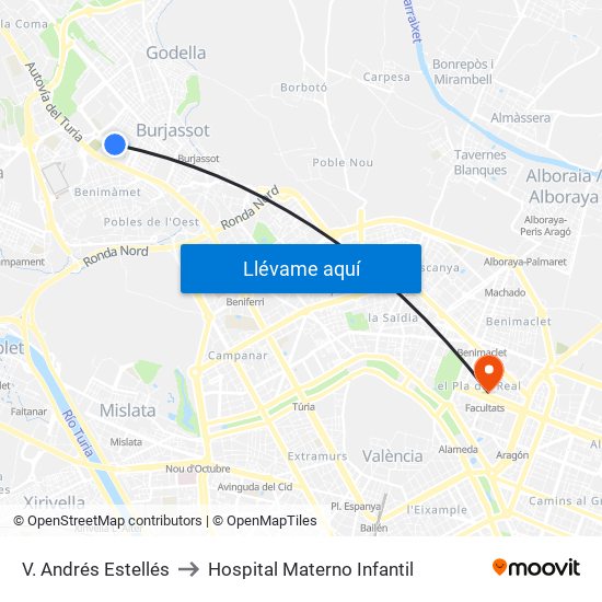 V. Andrés Estellés to Hospital Materno Infantil map