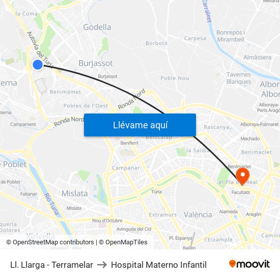 Ll. Llarga - Terramelar to Hospital Materno Infantil map