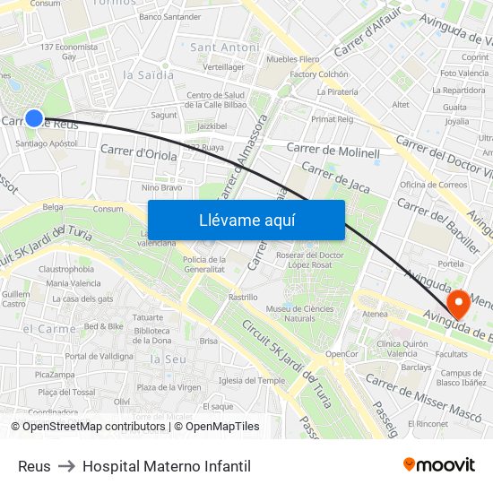 Reus to Hospital Materno Infantil map