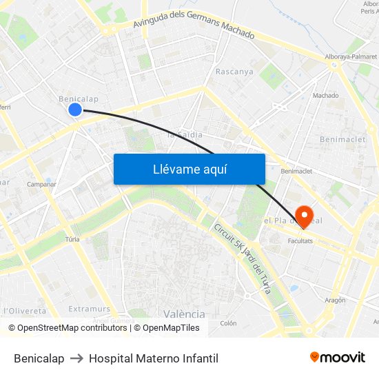 Benicalap to Hospital Materno Infantil map
