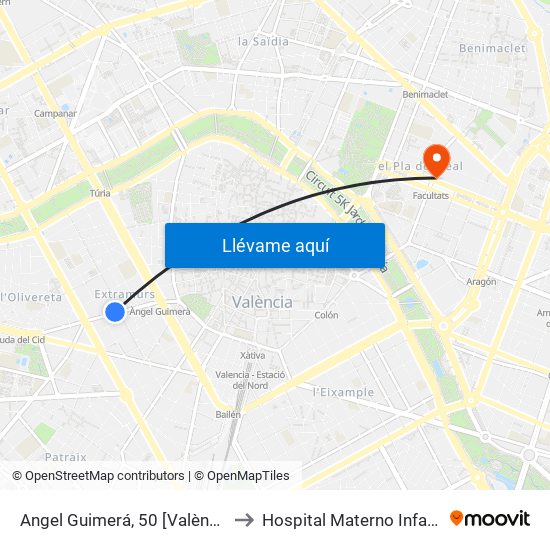 Angel Guimerá, 50 [València] to Hospital Materno Infantil map