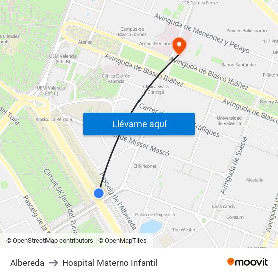 Albereda to Hospital Materno Infantil map