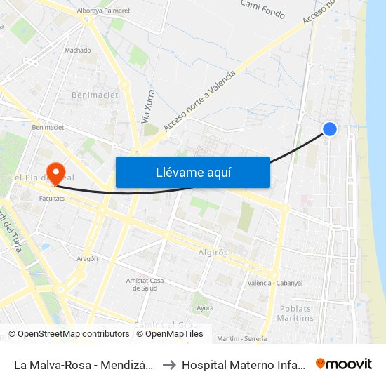 La Malva-Rosa - Mendizábal to Hospital Materno Infantil map