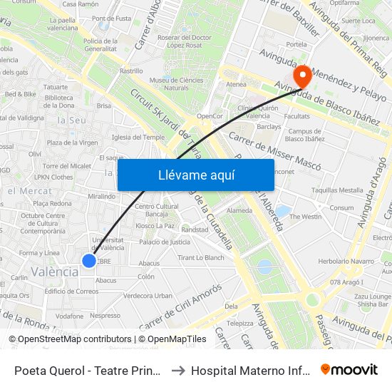 Poeta Querol - Teatre Principal to Hospital Materno Infantil map