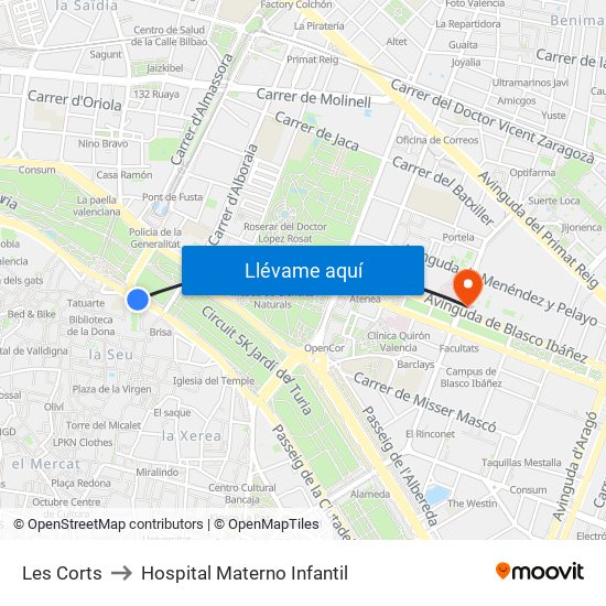 Les Corts to Hospital Materno Infantil map