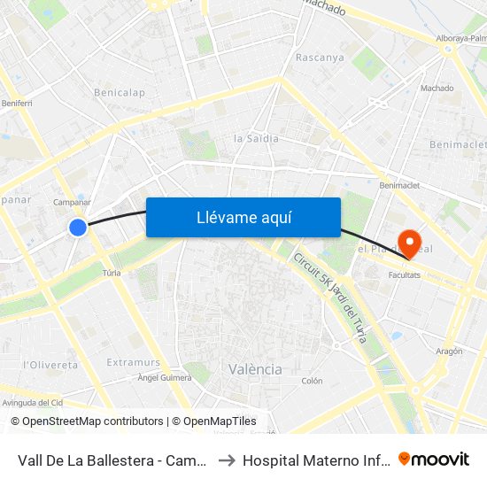 Vall De La Ballestera - Campanar to Hospital Materno Infantil map