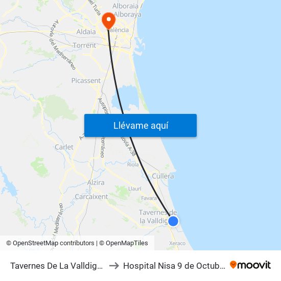 Tavernes De La Valldigna to Hospital Nisa 9 de Octubre map