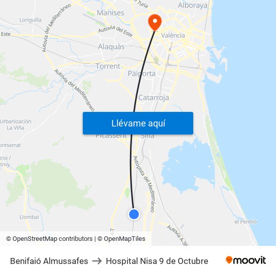 Benifaió Almussafes to Hospital Nisa 9 de Octubre map