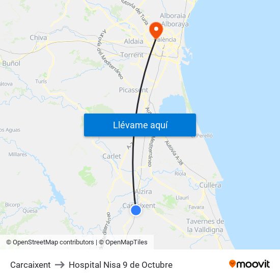 Carcaixent to Hospital Nisa 9 de Octubre map