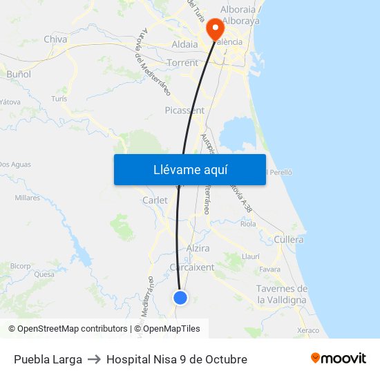 Puebla Larga to Hospital Nisa 9 de Octubre map