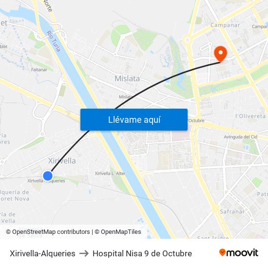 Xirivella-Alqueries to Hospital Nisa 9 de Octubre map