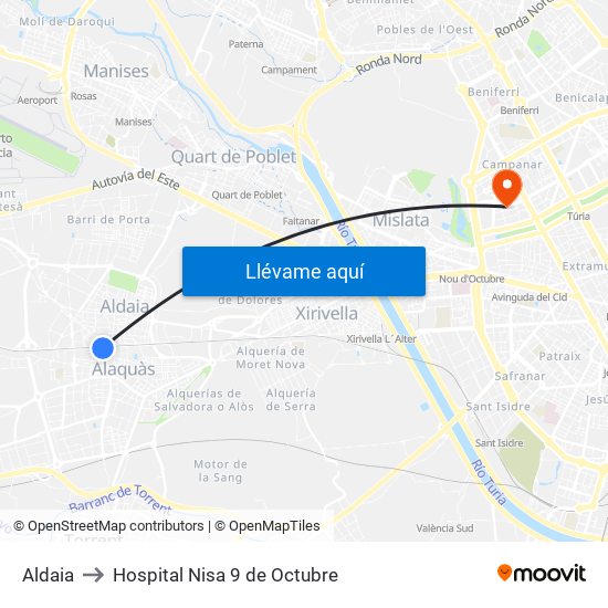 Aldaia to Hospital Nisa 9 de Octubre map