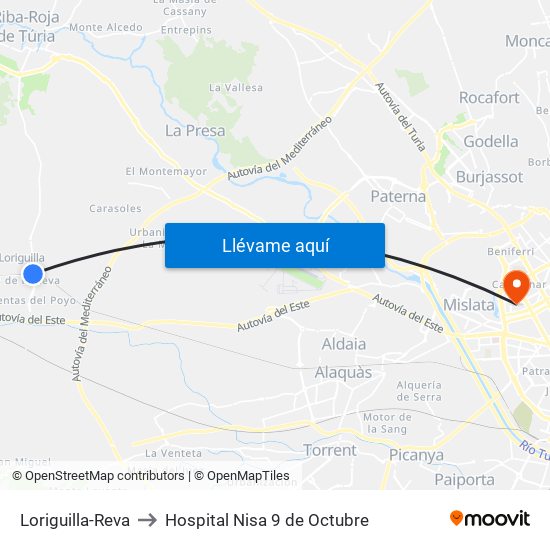 Loriguilla-Reva to Hospital Nisa 9 de Octubre map