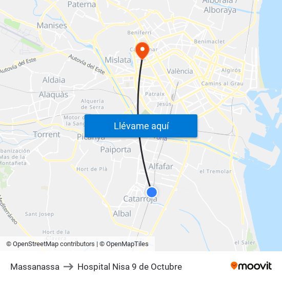 Massanassa to Hospital Nisa 9 de Octubre map