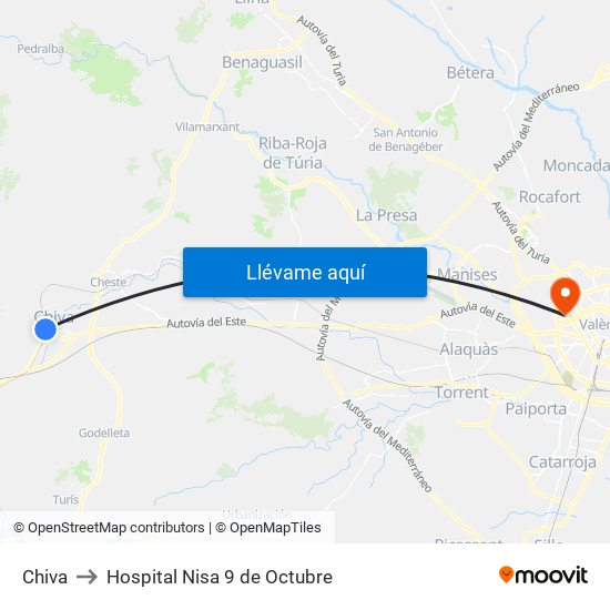 Chiva to Hospital Nisa 9 de Octubre map