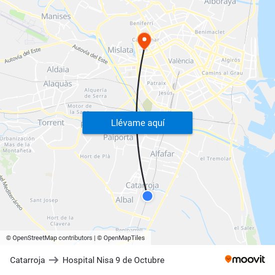 Catarroja to Hospital Nisa 9 de Octubre map
