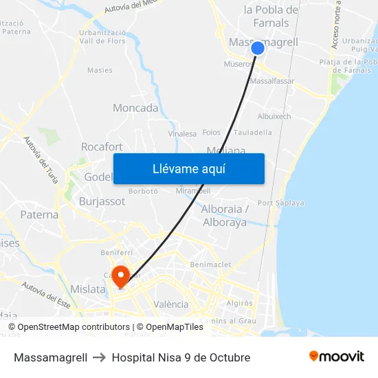 Massamagrell to Hospital Nisa 9 de Octubre map