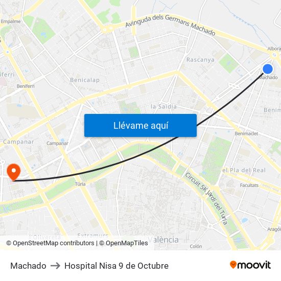 Machado to Hospital Nisa 9 de Octubre map