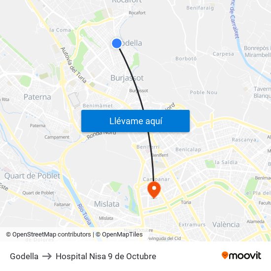 Godella to Hospital Nisa 9 de Octubre map