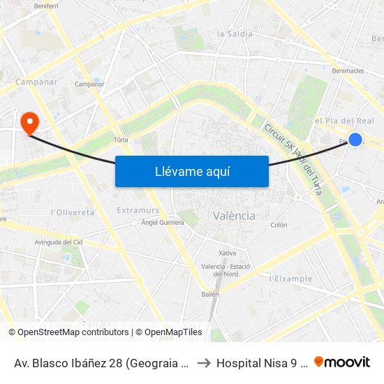 Av. Blasco Ibáñez 28 (Geograia I Història) [València] to Hospital Nisa 9 de Octubre map