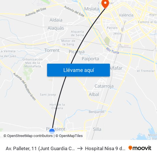 Av. Palleter, 11 (Junt Guardia Civil) [Picassent] to Hospital Nisa 9 de Octubre map