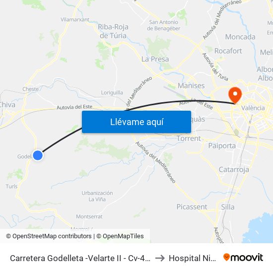 Carretera Godelleta -Velarte II - Cv-424 Pk 10+600 Descendente [Godelleta] to Hospital Nisa 9 de Octubre map