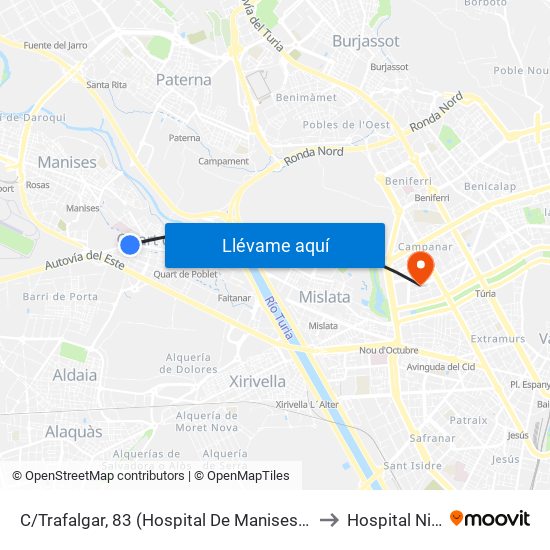 C/Trafalgar, 83 (Hospital De Manises) (Front Col.Legi San Onofre) [Quart De Poblet] to Hospital Nisa 9 de Octubre map