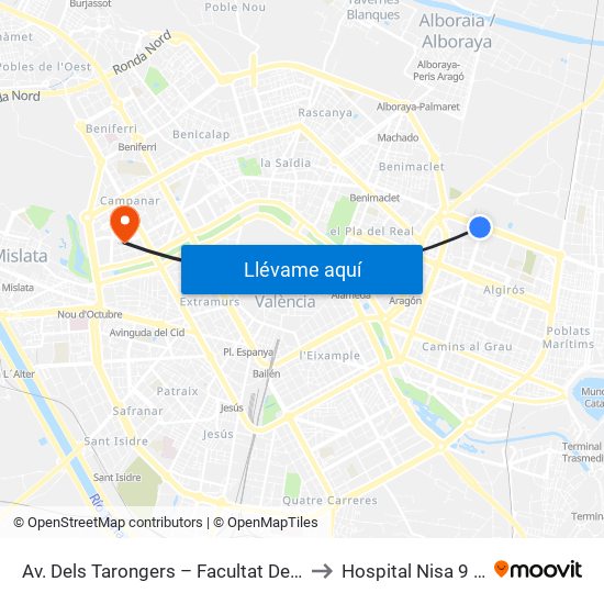 Av. Dels Tarongers – Facultat De Magisteri [València] to Hospital Nisa 9 de Octubre map