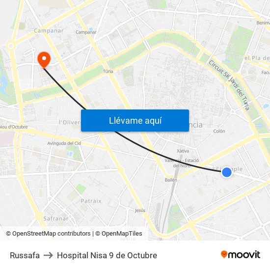 Russafa to Hospital Nisa 9 de Octubre map