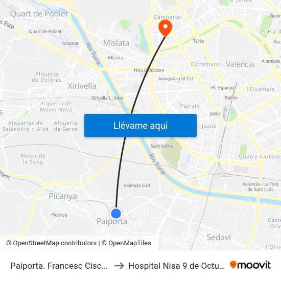 Paiporta. Francesc Ciscar 1 to Hospital Nisa 9 de Octubre map