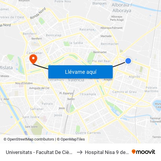 Universitats - Facultat De Ciències Socials to Hospital Nisa 9 de Octubre map