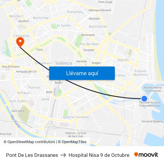 Pont De Les Drassanes to Hospital Nisa 9 de Octubre map
