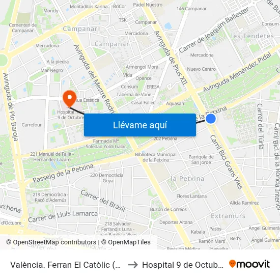 València. Ferran El Catòlic (Parell) - Metro Túria to Hospital 9 de Octubre Unipersonal map