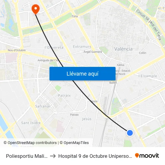 Poliesportiu Malilla to Hospital 9 de Octubre Unipersonal map