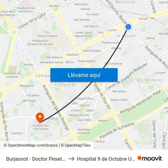 Burjassot - Doctor Peset Aleixandre to Hospital 9 de Octubre Unipersonal map