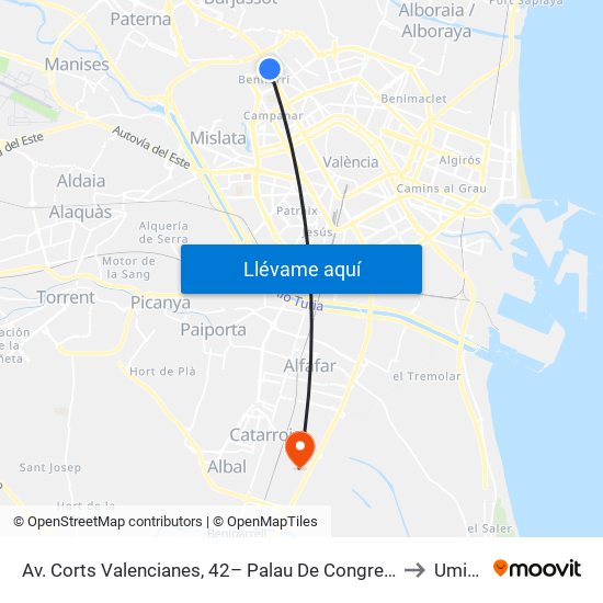 Av. Corts Valencianes, 42– Palau De Congressos [València] to Umivale map