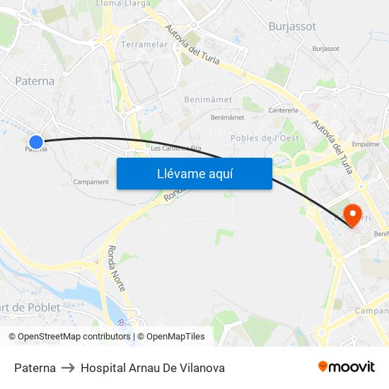 Paterna to Hospital Arnau De Vilanova map